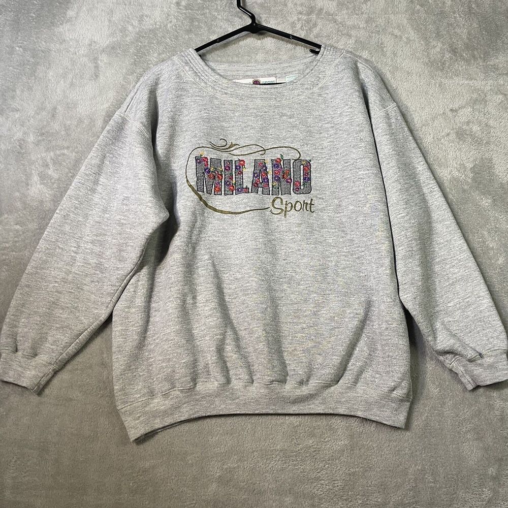 Vintage Milano Sport Sweatshirt Womens‎ Large Gray Embroidered Crewneck 90s